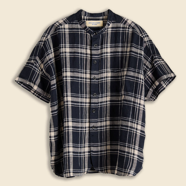 Oversized Linen Check S/S Shirt - Dark Navy