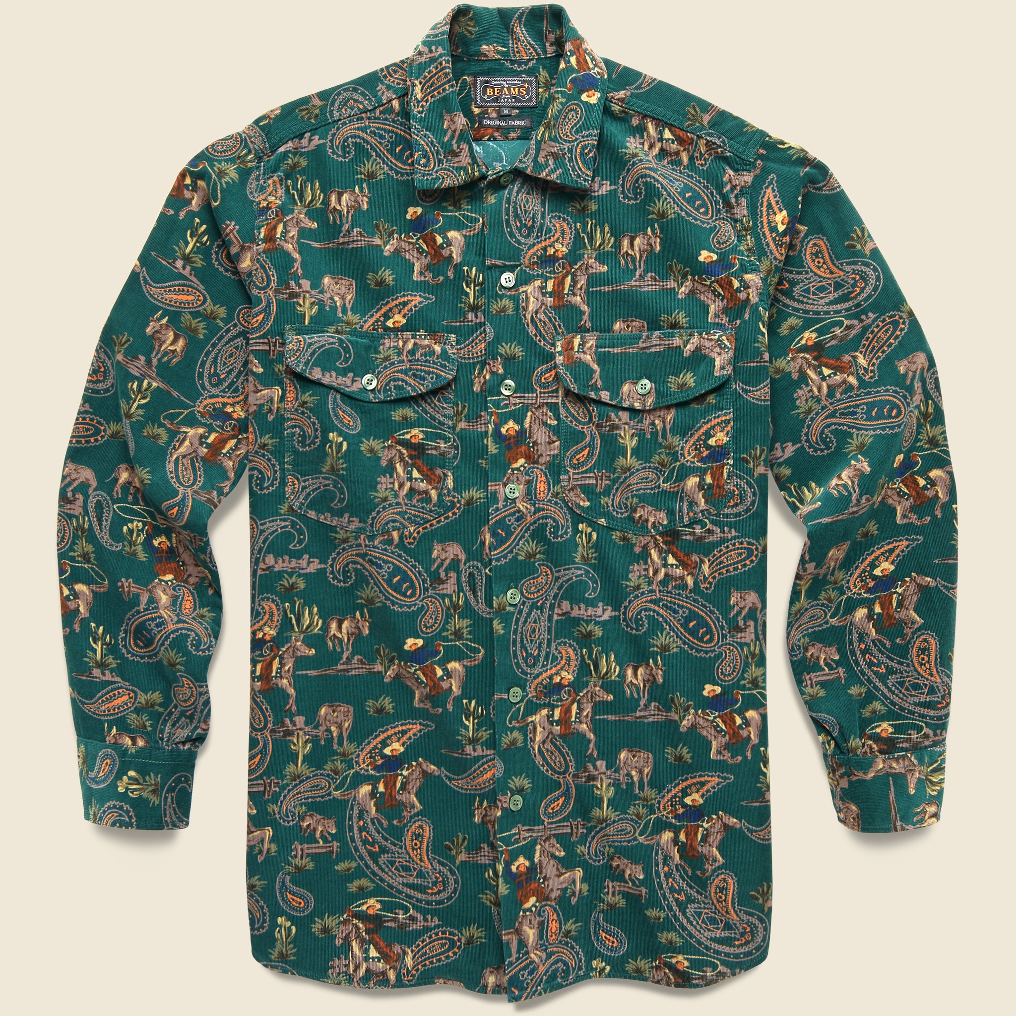 Corduroy Cowboy Print Shirt Green - Main Image
