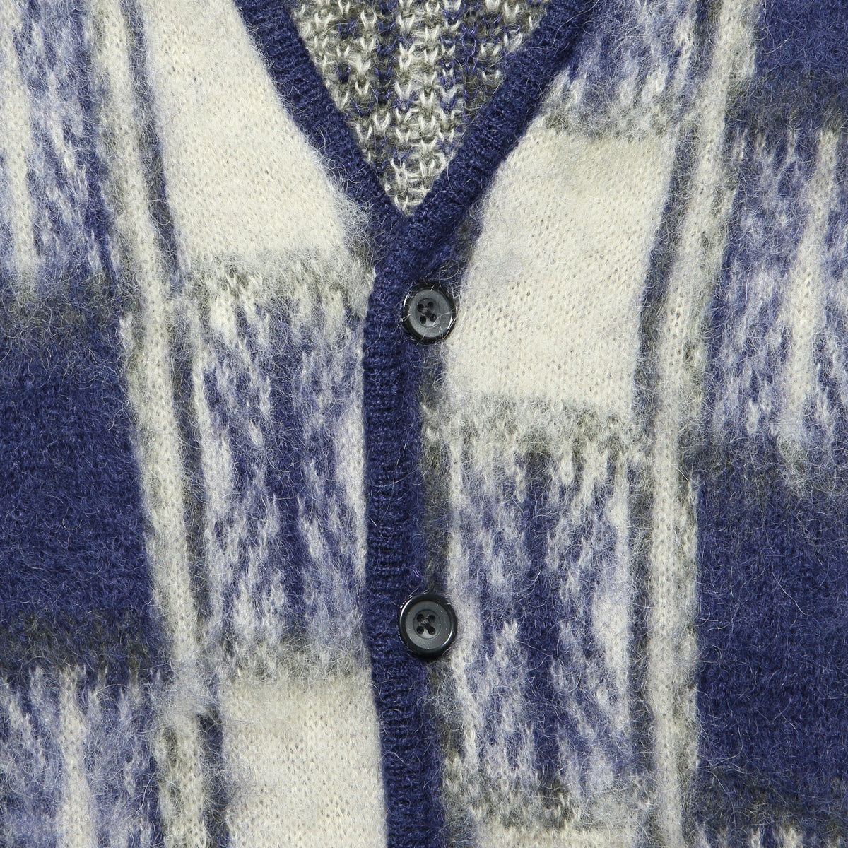 BEAMS+ Double Jacquard Check Pattern Cardigan - Navy Small