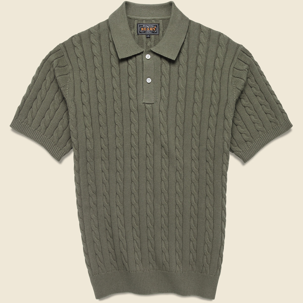 BEAMS ケーブルニットポロシャツ L オリーブ Cable Knit Polo - Olive