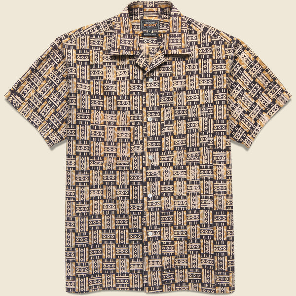 Open Collar Grid Block Print Shirt - Orange