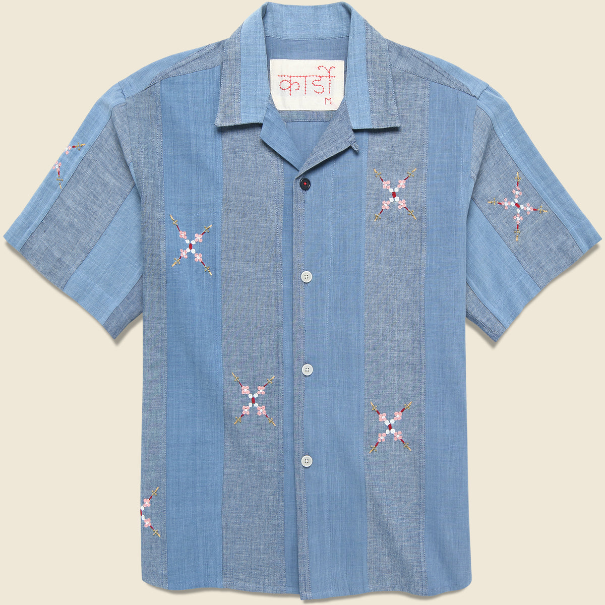 Embroidered Patchwork Khadi Shirt - Blue