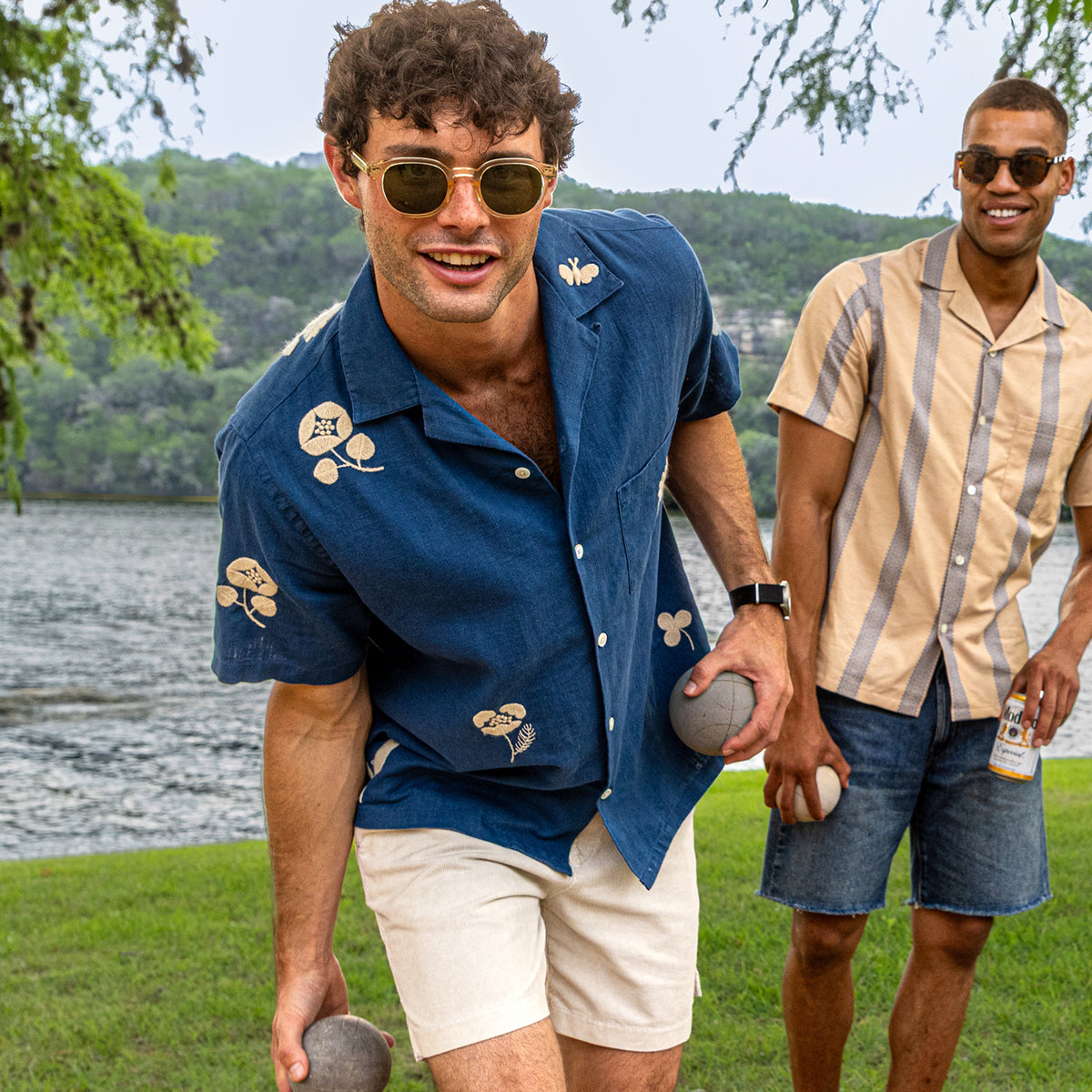 Embroidered Ramie Camp Shirt - Blue