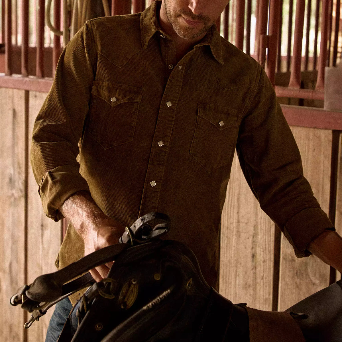 Slim Fit Corduroy Western Shirt - Tan