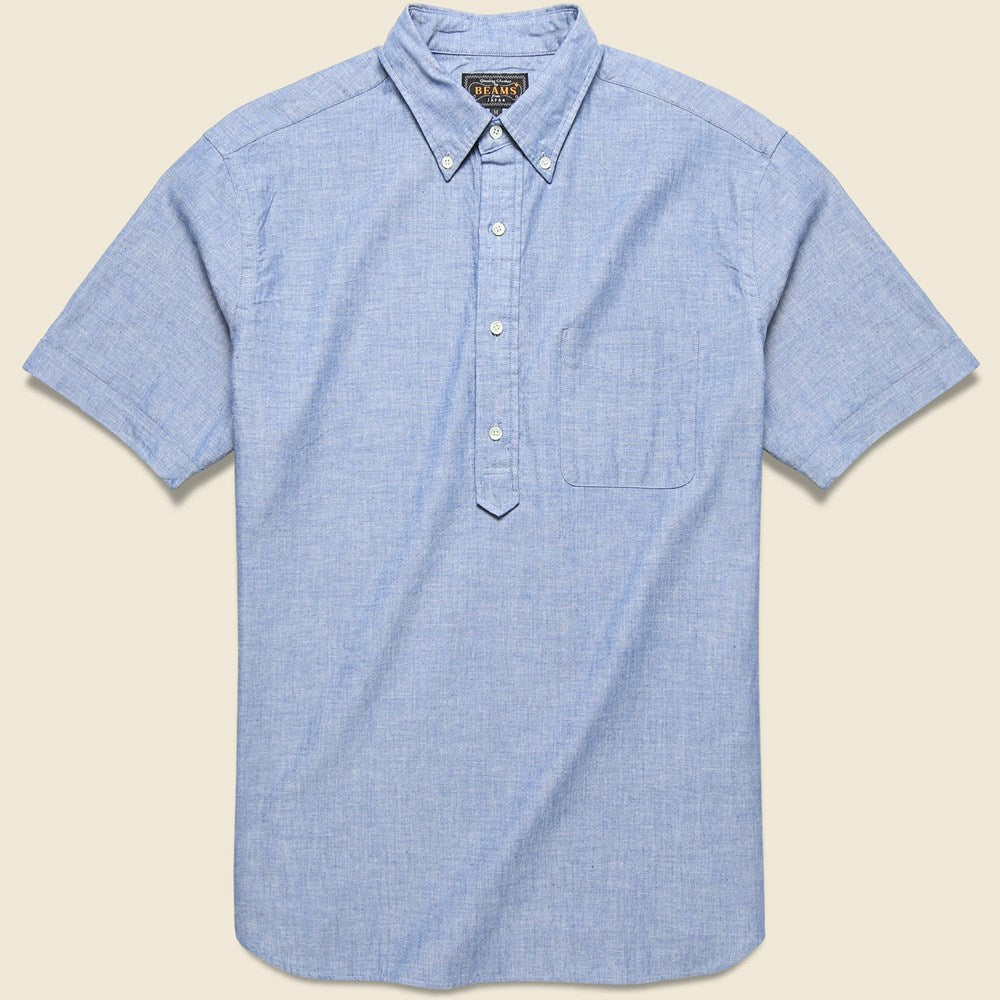 BEAMS+ Pullover Short Sleeve Chambray Shirt - Blue