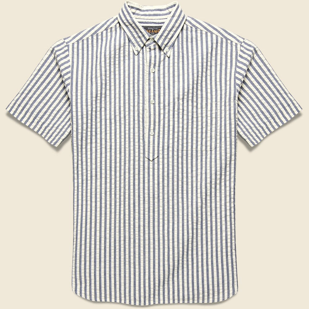 Pullover Short Sleeve Seersucker Shirt - Indigo Stripe - BEAMS+ - STAG Provisions - Tops - S/S Woven - Stripe