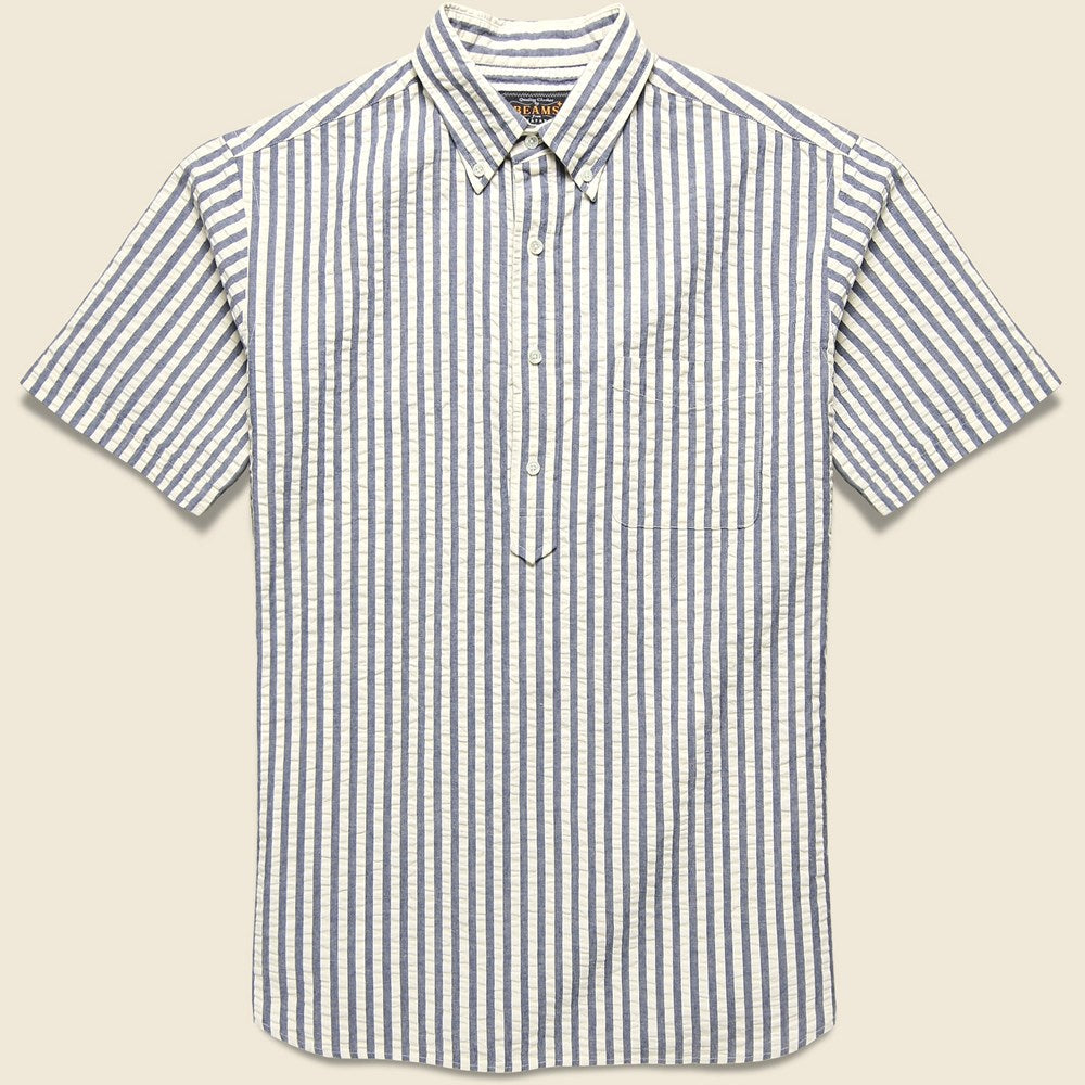 BEAMS+ Pullover Short Sleeve Seersucker Shirt - Indigo Stripe