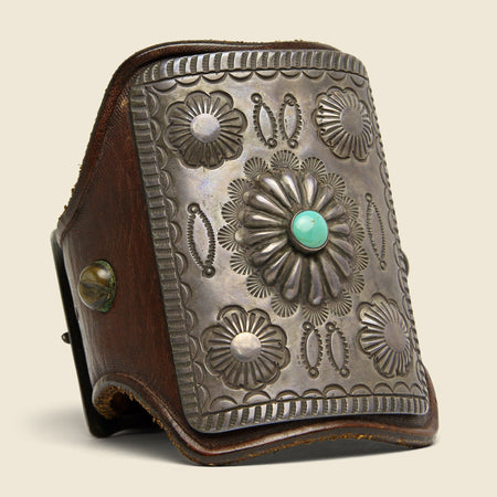 Stamped Concho Flower Leather Ketoh - Sterling/Turquoise/Leather