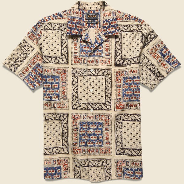 Open Collar Short Sleeve Elephant Block Print Shirt - Navy