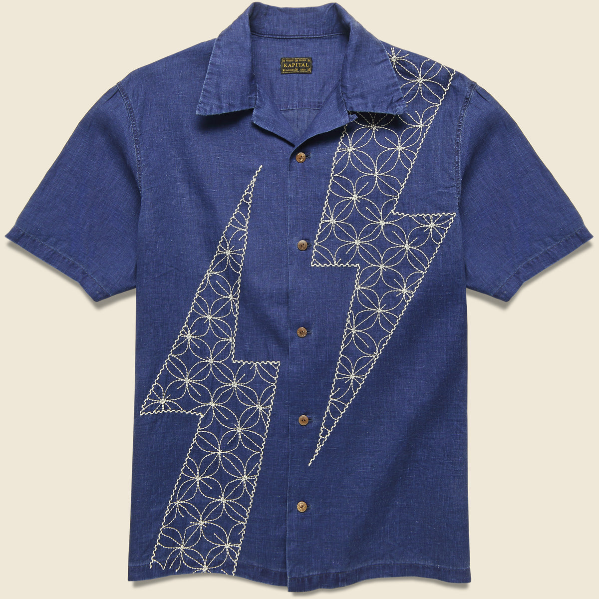 Thunderbolt Sashiko Linen Aloha Shirt - Indigo