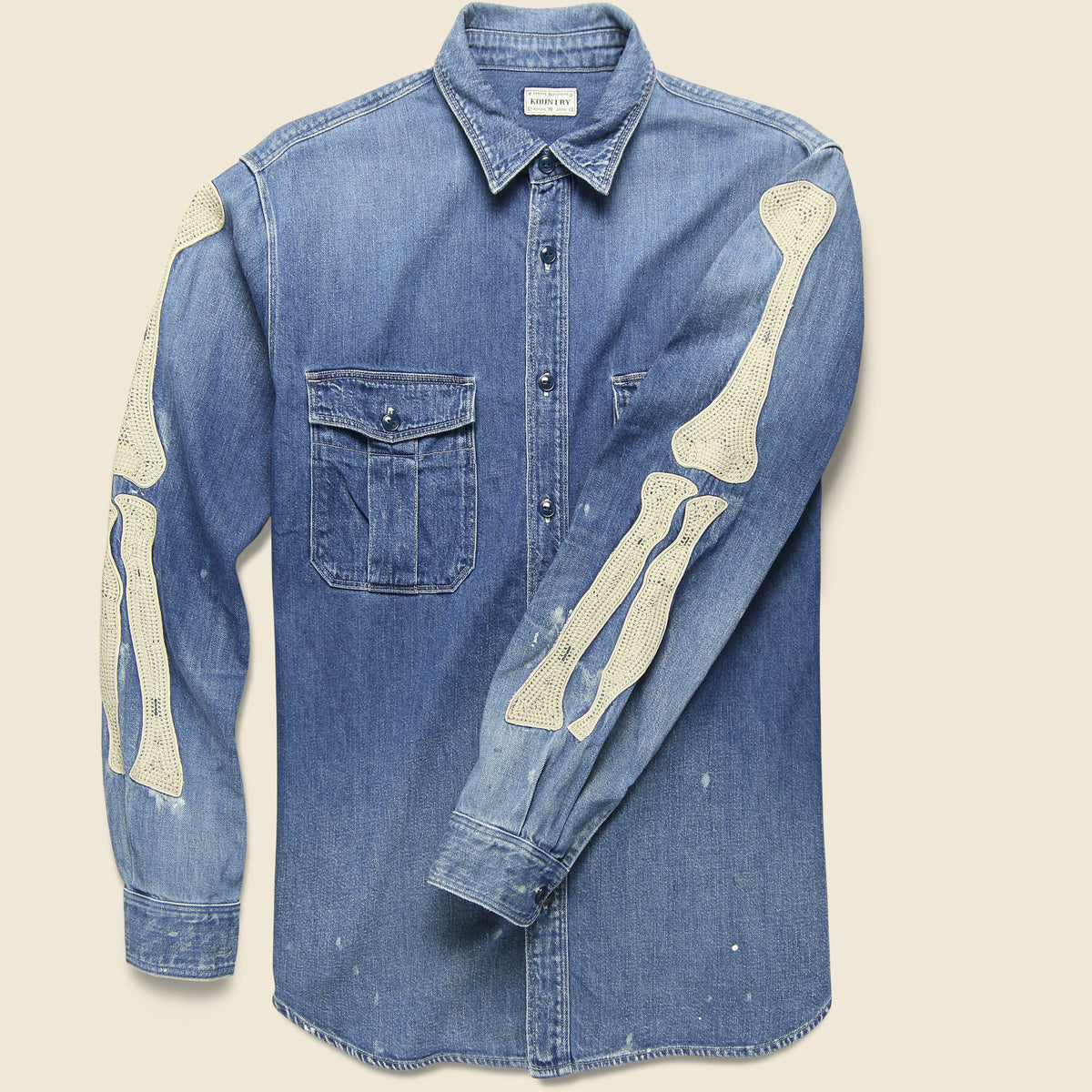 8oz Denim Work Shirt with Bone Embroidery - Indigo