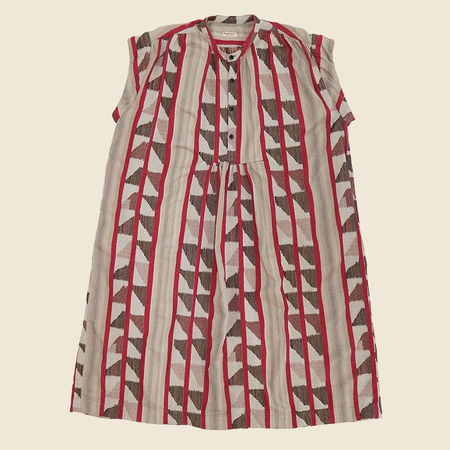 Kapital Cotton Pueblo Stripe FISHERMAN Non-Sleeve Dress - Red/Brown