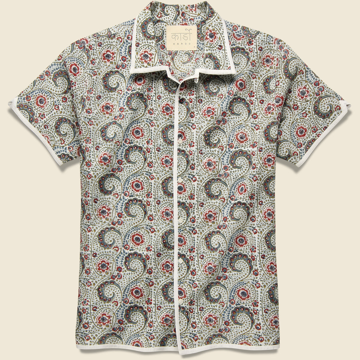 Chintan Paisley Block Print Shirt - Dusty Blue/Red/Gold