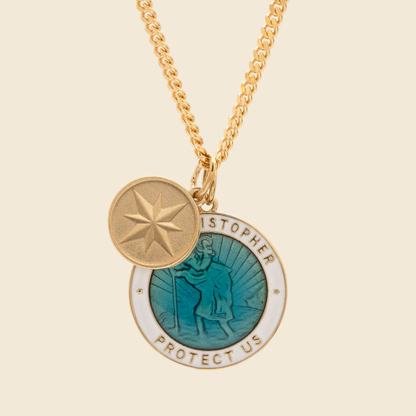 Saint Christopher Surf Necklace - Caribbean Blue & White Enamel/Gold V