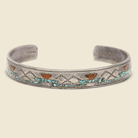 Stamped Coral & Turquoise Inlay Cuff - Sterling Silver