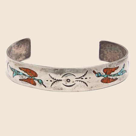 Coral & Turquoise Bird Motif Cuff - Sterling Silver