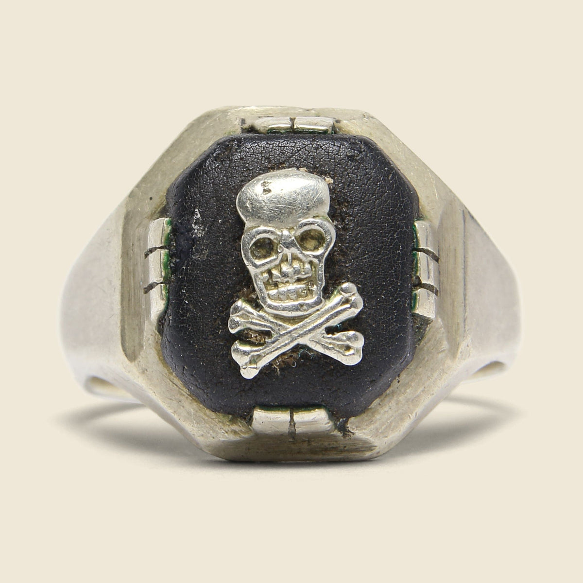 Skull Ring - Sterling Silver & Black Leather