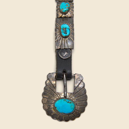 Carved Turquoise Leather Belt - Silver