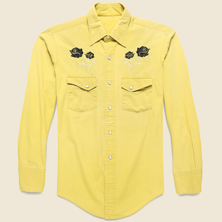 Western Shirt with Embroidered Black Roses - Yellow