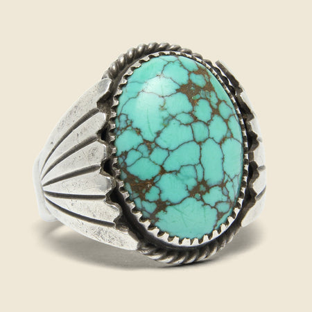 Turtleshell Turquoise & Leaf Motif Ring - Sterling
