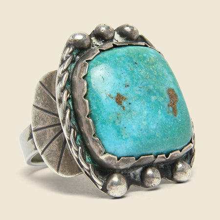 Square Turquoise & Rope Motif Ring - Sterling