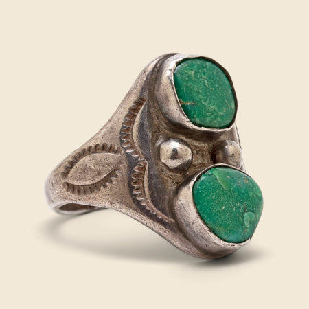Two Stone Turquoise & Stamped Silver Ring
