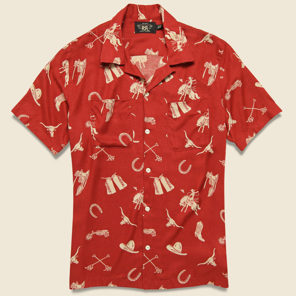 Western Print Rayon Camp Shirt Red Cream