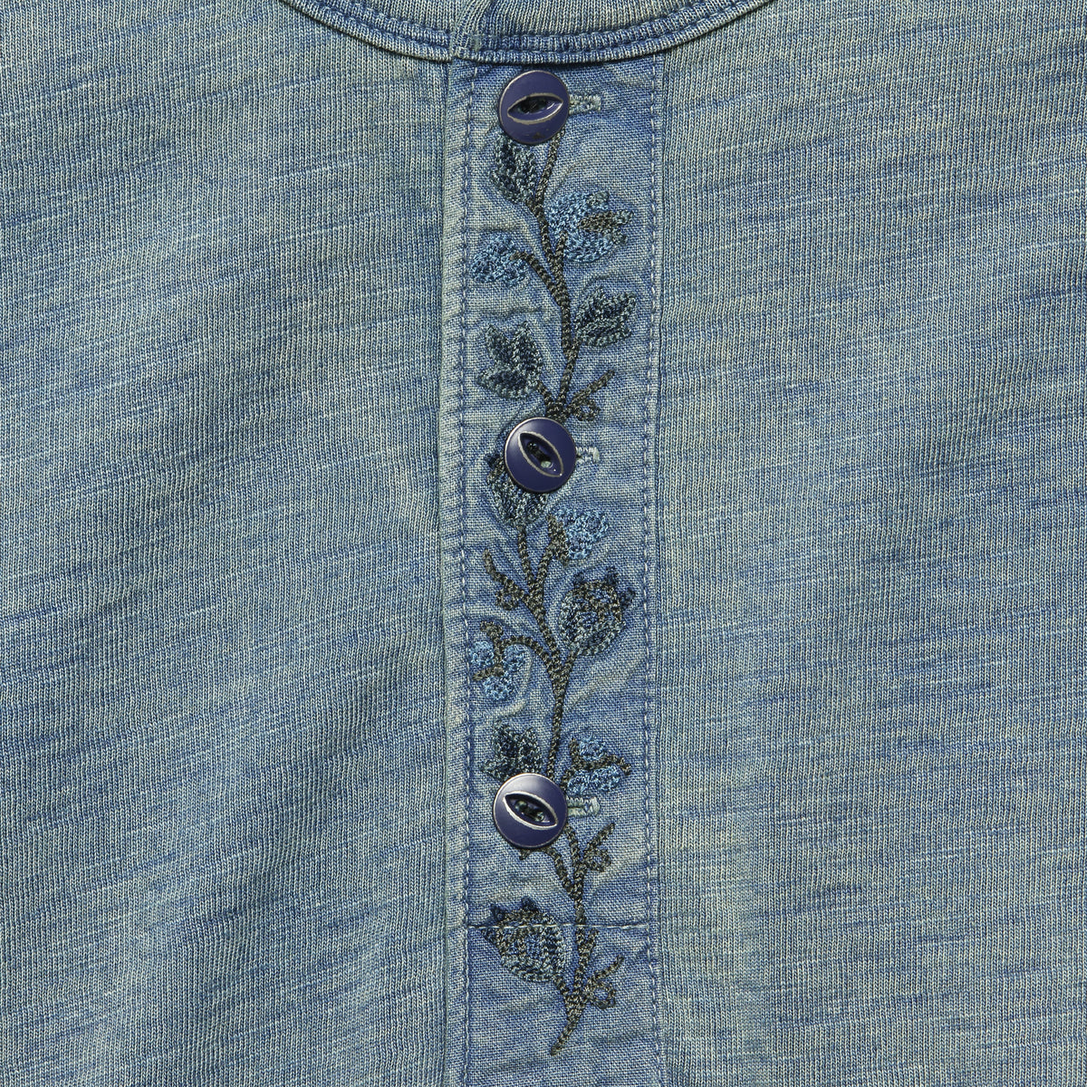 Embroidered Indigo Henley - Blue