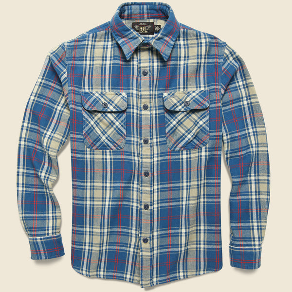 Indigo Plaid Twill Workshirt - Teal/Red