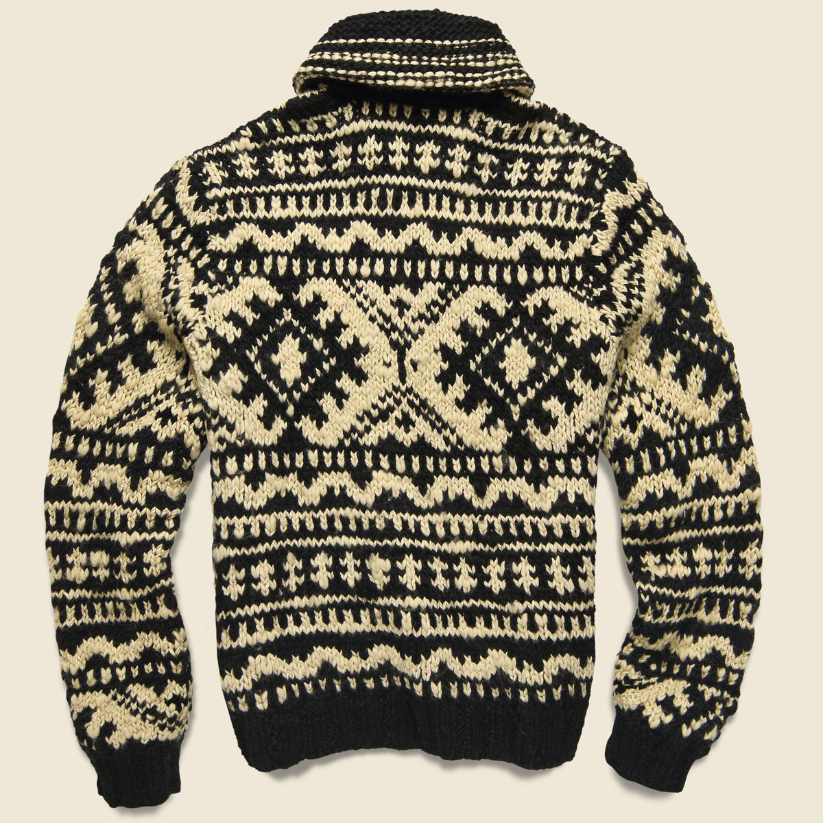 Hand-Knit Wool Full-Zip Sweater - Cream/Black