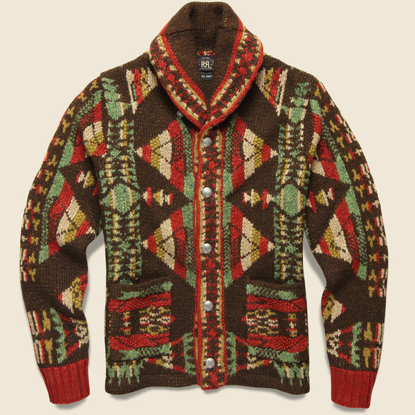 Hand-Knit Jacquard Shawl Cardigan - Red/Multi