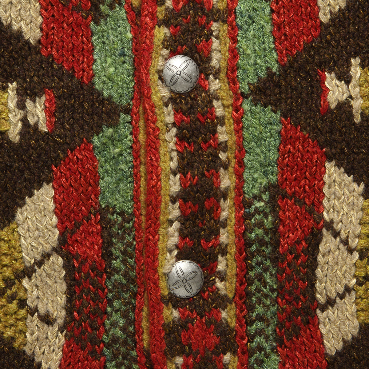 Hand-Knit Jacquard Shawl Cardigan - Red/Multi