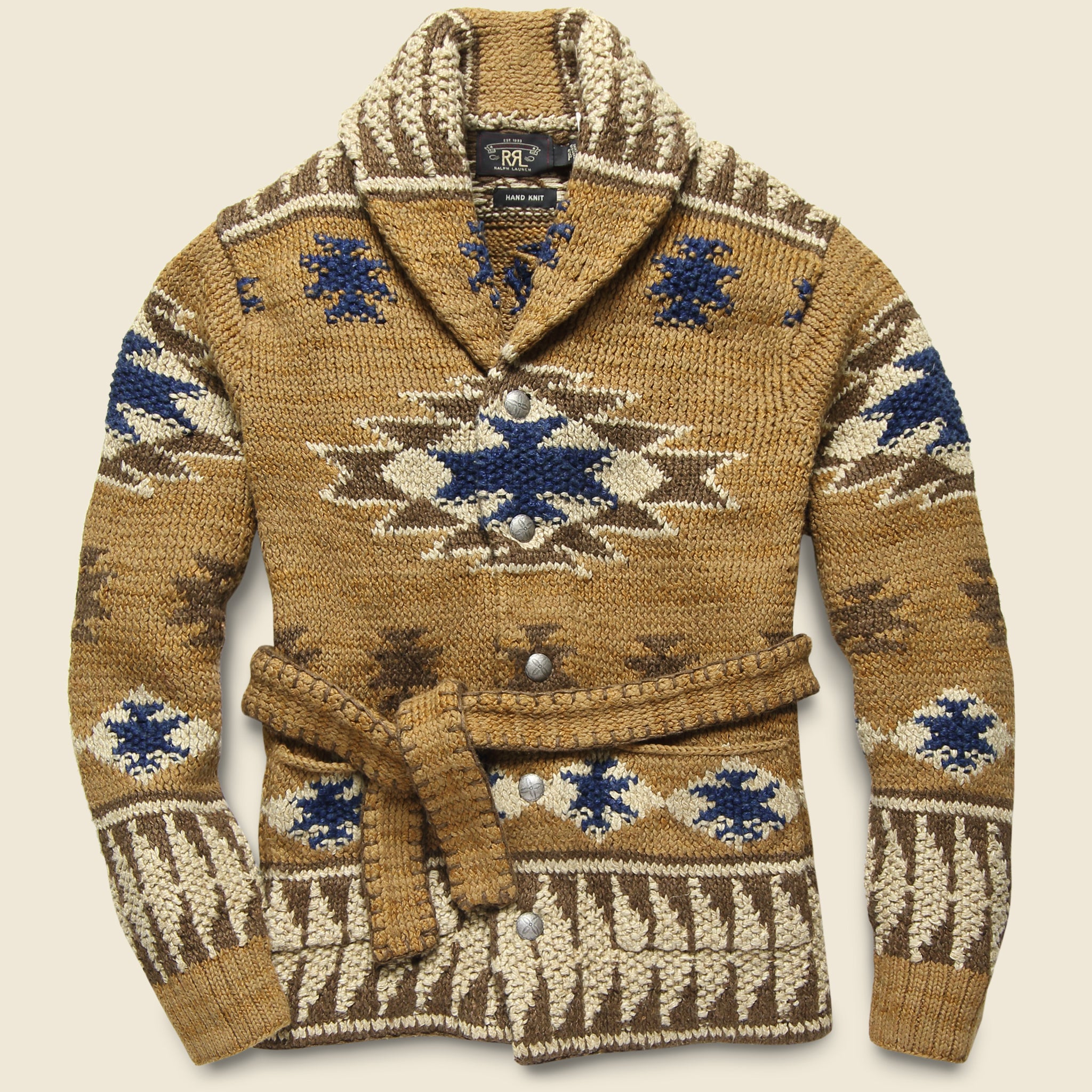 Hand-Knit Ranch Shawl Cardigan - Brown/Indigo