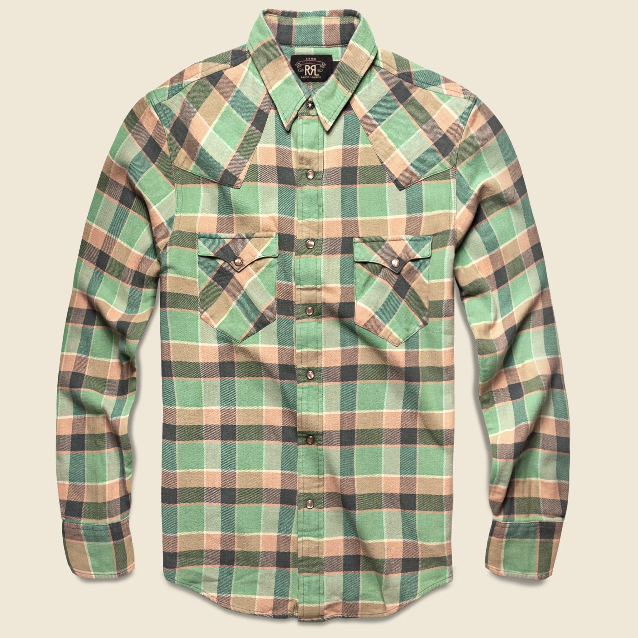 Slim Plaid Twill Western Shirt Green/Coral