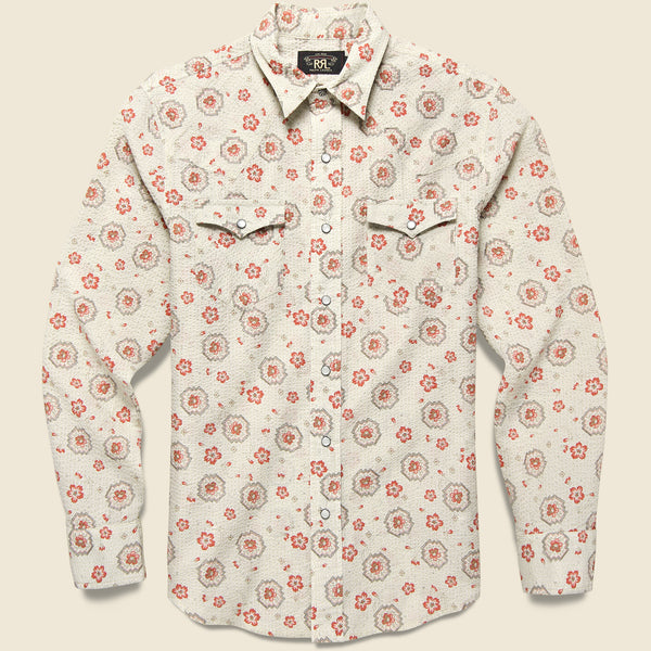 Bandana Print Seersucker Western Shirt - Tan/Coral