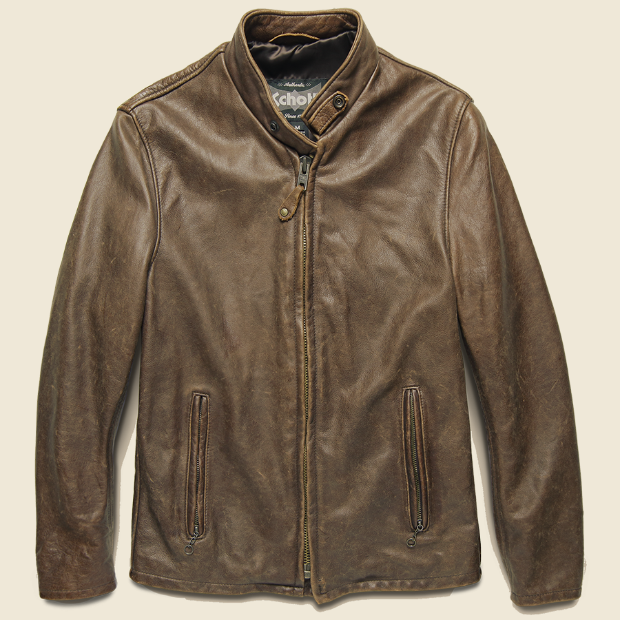 Cowhide Leather Café Racer Jacket - Brown Cowhide Leather Café Racer Jacket - Brown