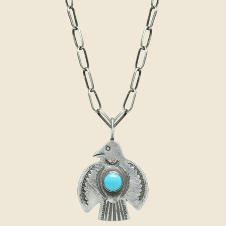 Round Wings Thunderbird Pendant Necklace - Sterling/Turquoise
