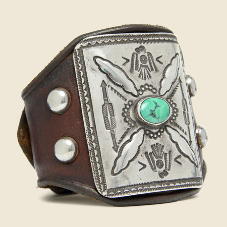 Double Thunderbird Motif Ketoh - Leather/Sterling/Turquoise