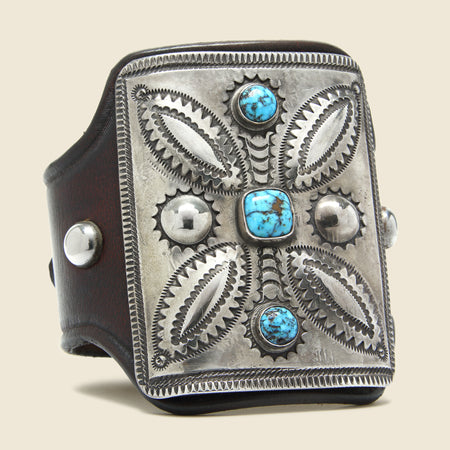 Leaf & Sunburst Motif Ketoh - Leather/Sterling/Turquoise