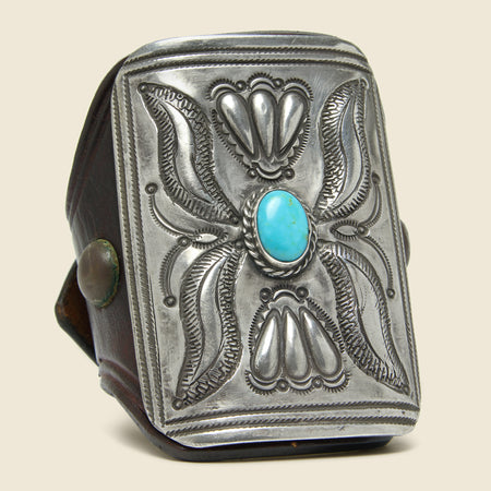Rope Frame & Leaf Stamped Ketoh - Leather/Sterling/Turquoise