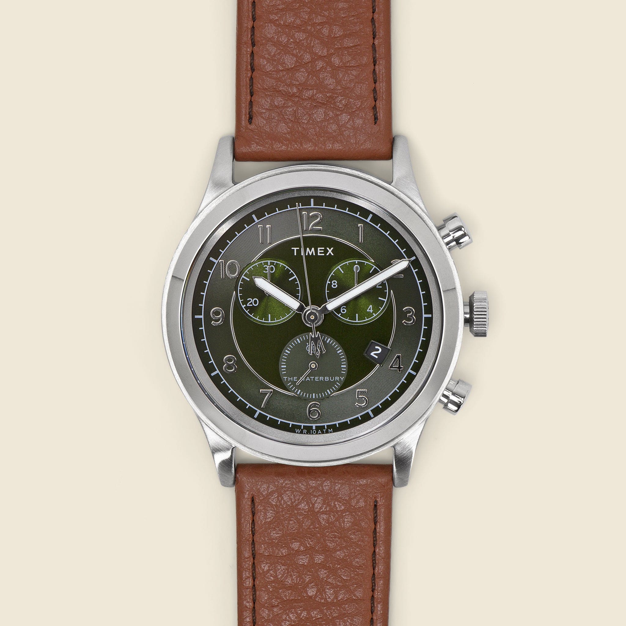 Waterbury Traditional Chronograph Watch 42mm Olive/Brown Leather