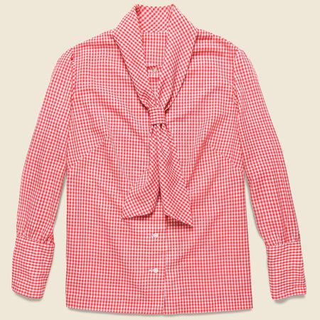 Tie-Neck Western Shirt - Red/White Check