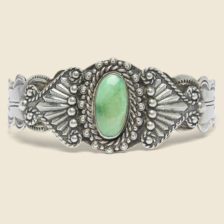 Ornate Turquoise Scroll & Dot Cuff - Sterling