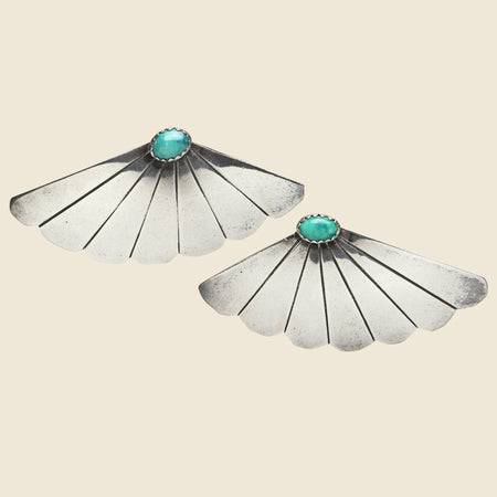 Turquoise & Silver Scalloped Fan Post Earrings