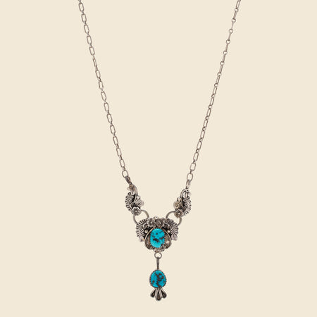 Carved Leaf & Flower Turquoise Dangle Necklace - Sterling Silver
