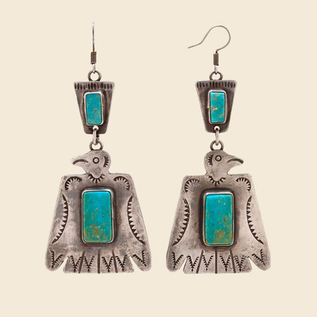 Stamped Sterling & Turquoise Thunderbird Dangle Hook Earrings - Silver