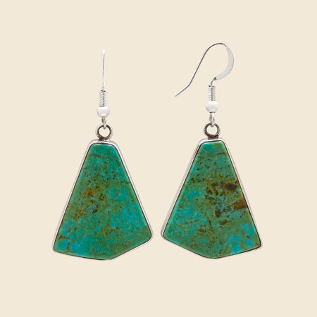 Sterling Backed Triangular Turquoise Dangle Hook Earrings - Silver/Green