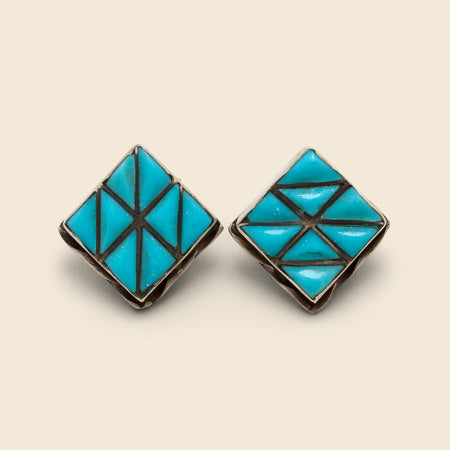 Geometric Diamond Sterling/Turquoise Stud Earrings - Silver/Blue