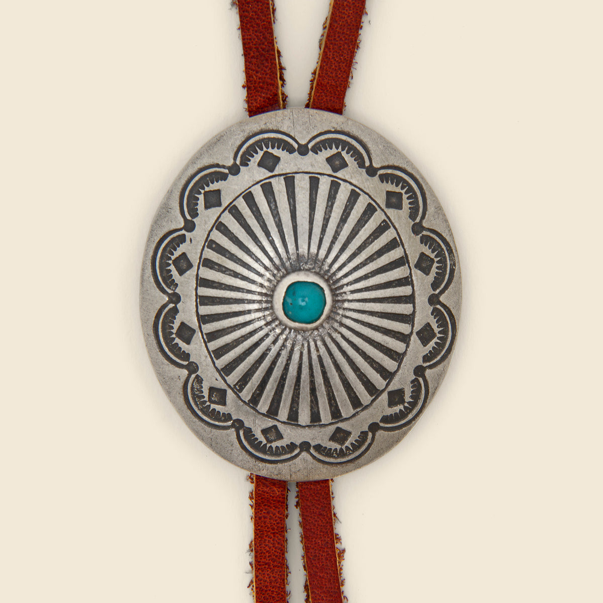 Leather Bolo Tie with Concho - Silver/Turquoise/Brown
