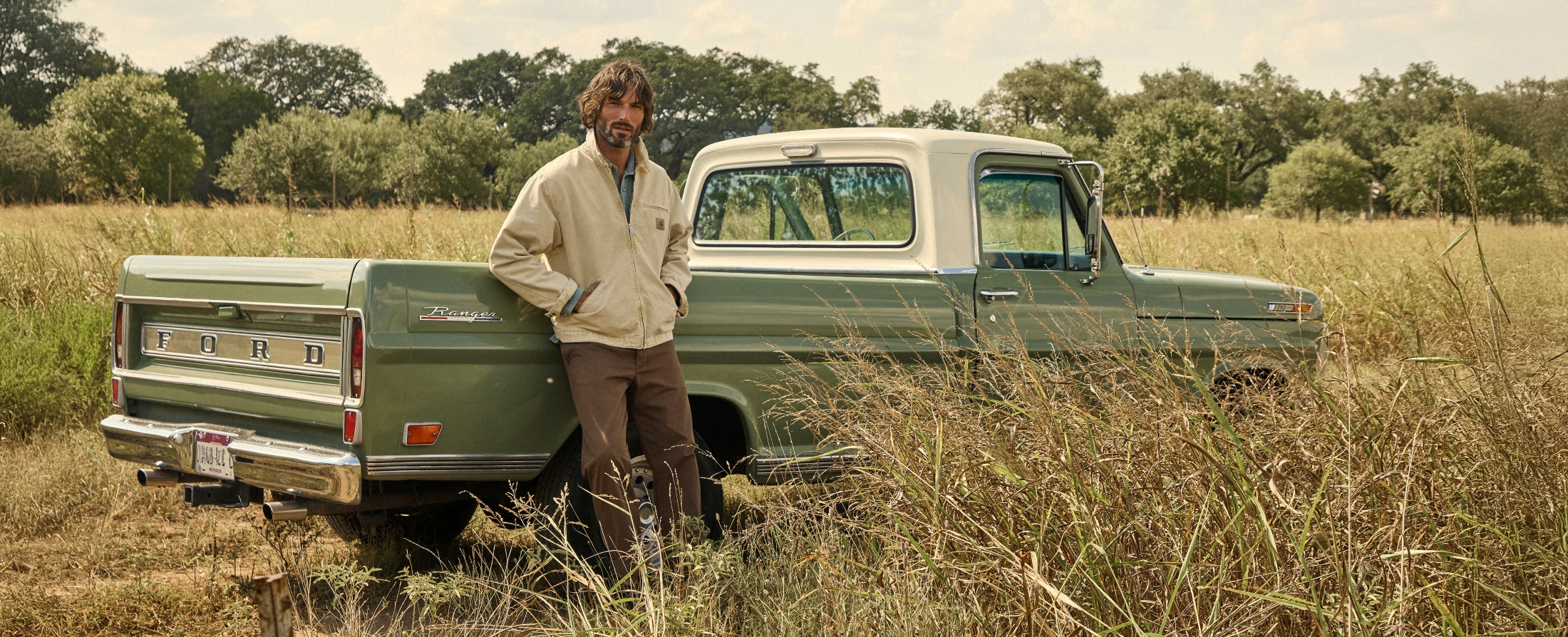 An image of a man standing before a sage green vehicle wearing STAG provisions outwear collection.